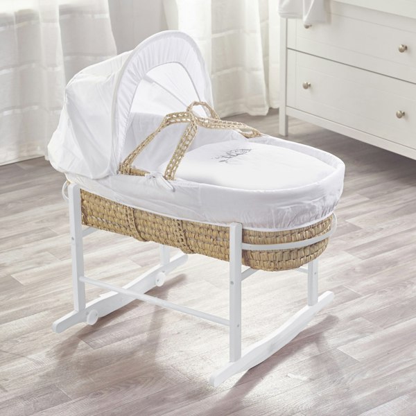 Kinder Valley Sleepy Little Owl Palm Moses Basket with Rocking Stand White