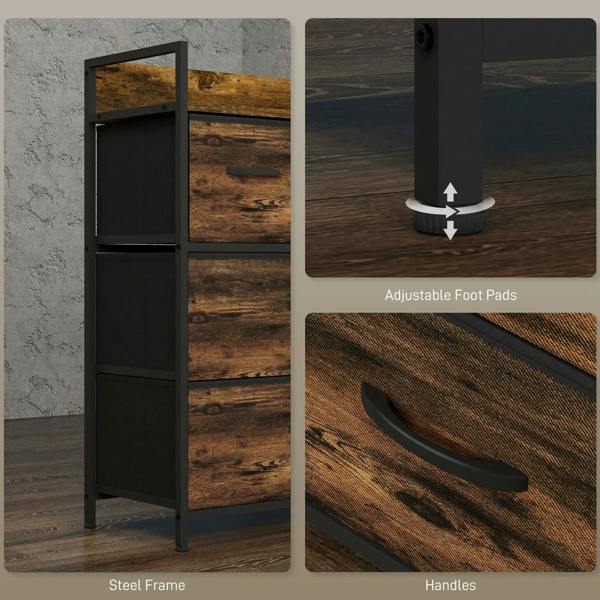 Rustic chest corner details: black steel frame, curved handles, adjustable foot pads