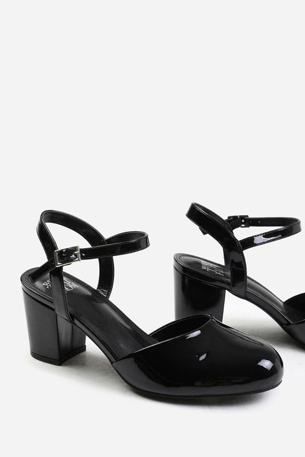 Where's That From Guelder Wide Fit Round Toe Mid Block Heel With Strap in Black Patent