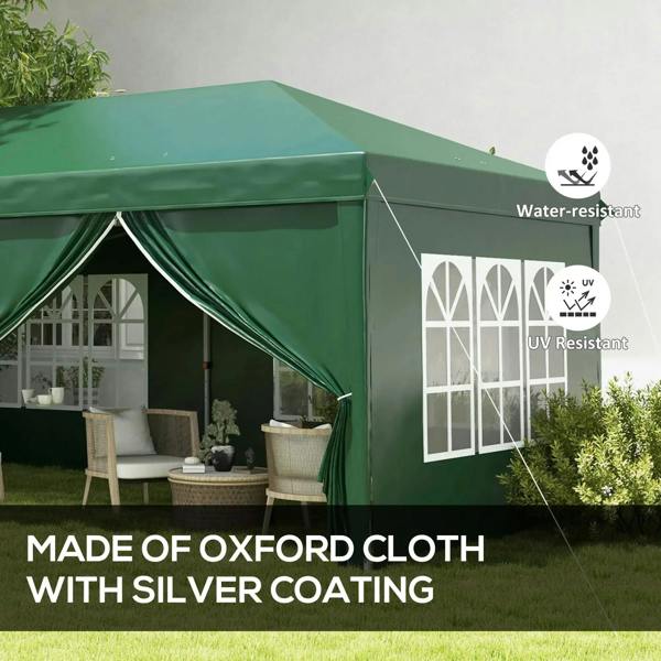 Dark green gazebo roof and side curtains with windowed wall panel details