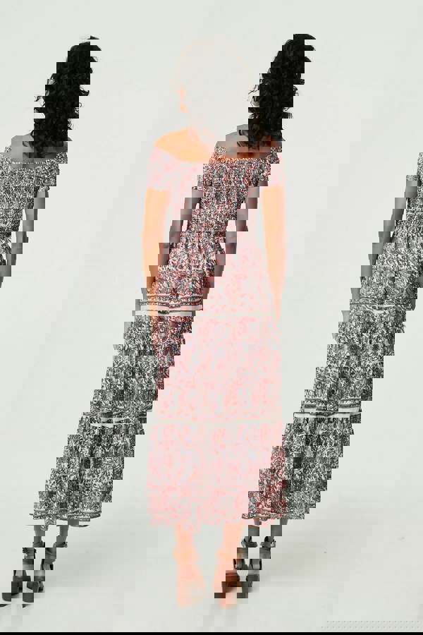 Pink | Ditsy Floral Bardot Smocked Midi Dress
