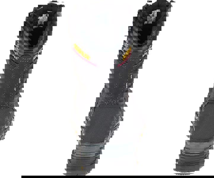 Caterpillar Premier 8 TX Mens Composite Toe/Midsole Water-Resistant Work Boots, back view showing durable black leather construction with yellow and red branding, waterproof design, and rugged sole for industrial and construction work.