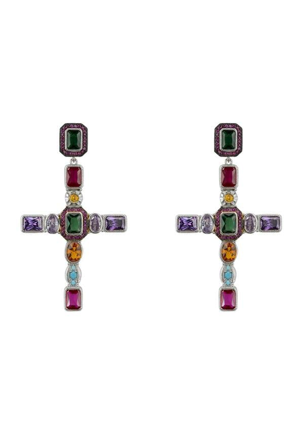 Cross-shaped earrings with multicolored gemstones on a white background