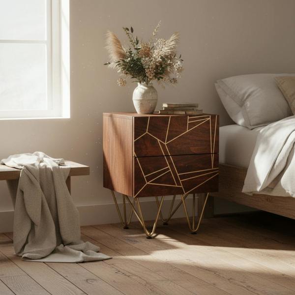 Wyld Haus Bandung Dark Mango Wood and Gold 2 Drawer Side Table