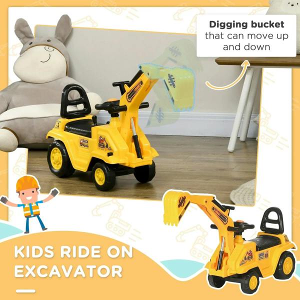 Yellow kids ride-on excavator tractor pull cart with black handle and front bucket
