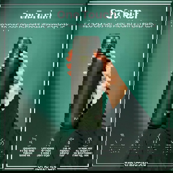 A dark-green water bottle is being held; its flip top opens with a single click. The bottle features a triple lock security mechanism and is 100% leakproof. The background is teal.