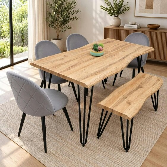 Kosy Koala Rustic Wood-Effect Wavy Dining Table Set with 4 Grey Velvet Chairs & Bench, 140x80x75cm