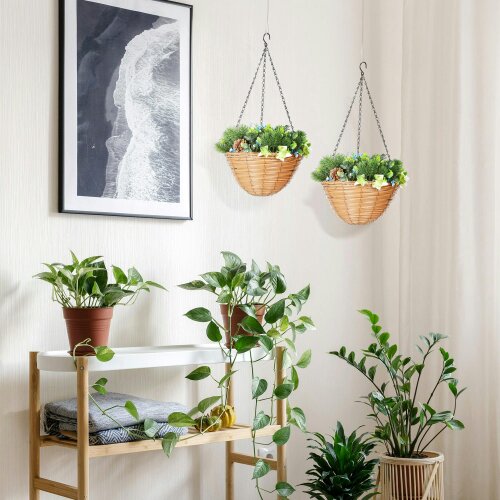 Wyld Haus Kabane Set Of 2 Hanging Artificial Lisianthus Floral Baskets With Pinecone Detail Green