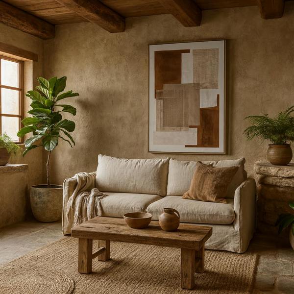 Wyld Haus Arachova Brown Patchwork Hand Painted Canvas In Frame