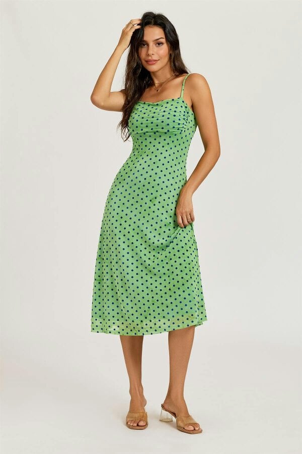 FS Collection Mottled Effect Devore Polka Dot Mesh Cami Midi Dress In Green