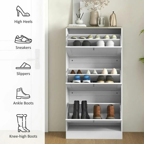 White shoe organizer cabinet with open shelves for storing shoes of different types