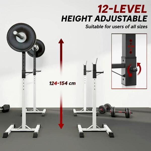 Height-adjustable black squat stand rack with multiple setting holes and uprights