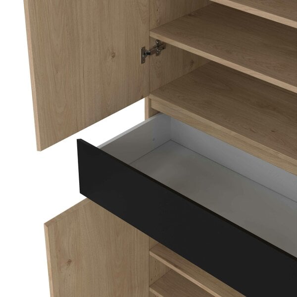 Wyld Haus Budapest Black and Natural Oak Effect Wood Shoe Cabinet 4 Doors 1 Drawer