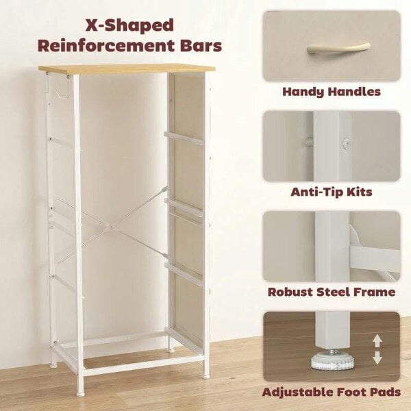 Chest of Drawers with 4 Fabric Drawers, Tall Storage Unit with 2 Hooks and Steel Frame for Bedroom, Beige