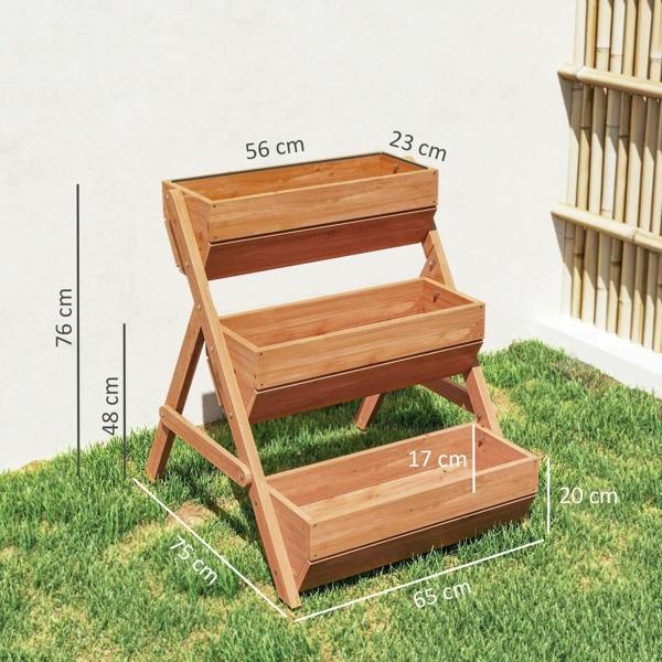 Brown 3-tier raised wooden planter box on grass with visible dimension markings