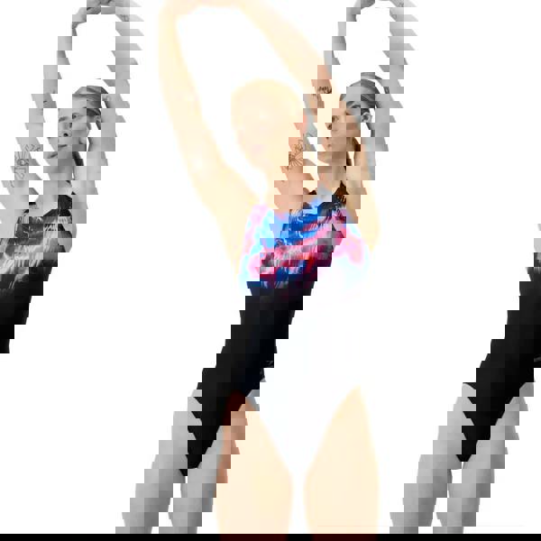 Speedo Club Training Placement Printed Leaderback Swimsuit in black with pink and blue abstract design