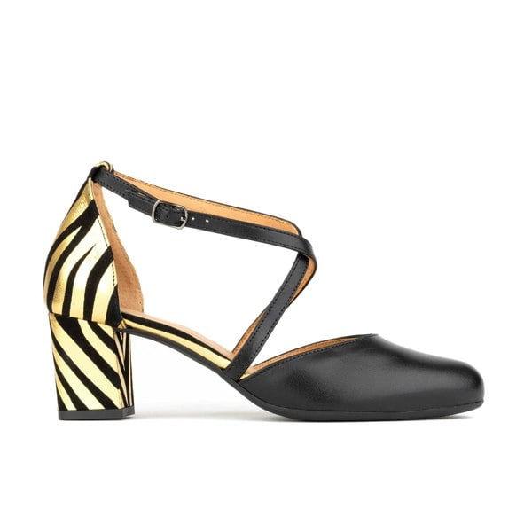 Embassy London Danni - Black & Gold Stripes - Women's leather closed-toe block heel with gold foil details