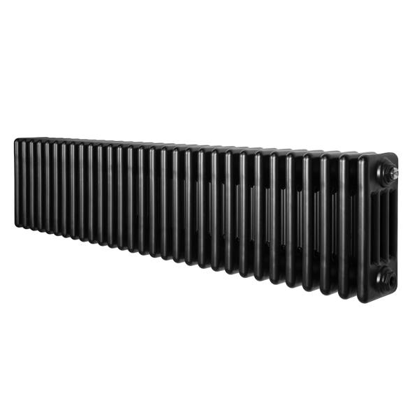 Traditional 4 column radiator in sleek black finish, measuring 300 x 1370mm, featuring a smooth, glossy texture and classic design