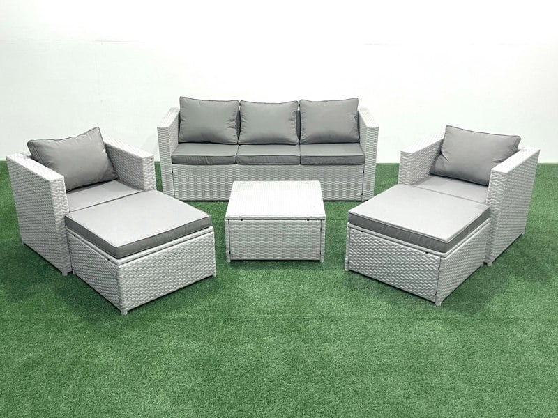 Fimous 7 Seater Rattan Garden Furniture Set with 3 Seater Sofa 2 Chair Square Coffee Table 2 Big Footstools Light Grey Mixed