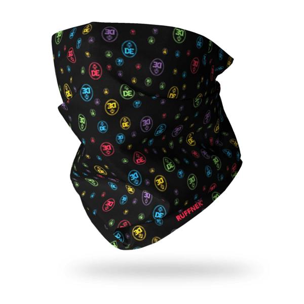 Black Duke of Edinburgh Expedition neck gaiter with colorful DofE logos by RUFFNEK designed for outdoor adventures