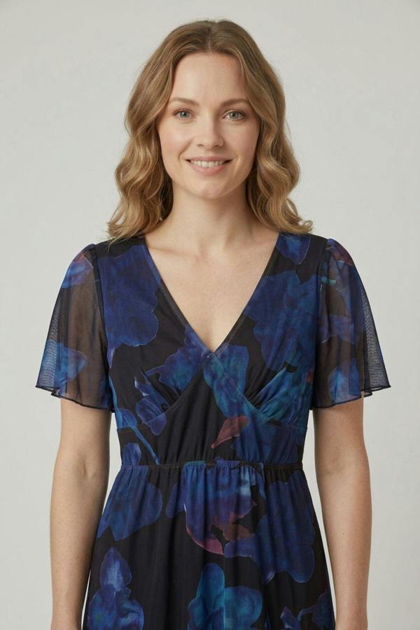 Izabel London Floral Semi Sheer Tiered Midi Dress