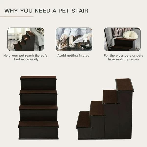 3-step pet staircase with dark wood frame and brown carpet-covered treads