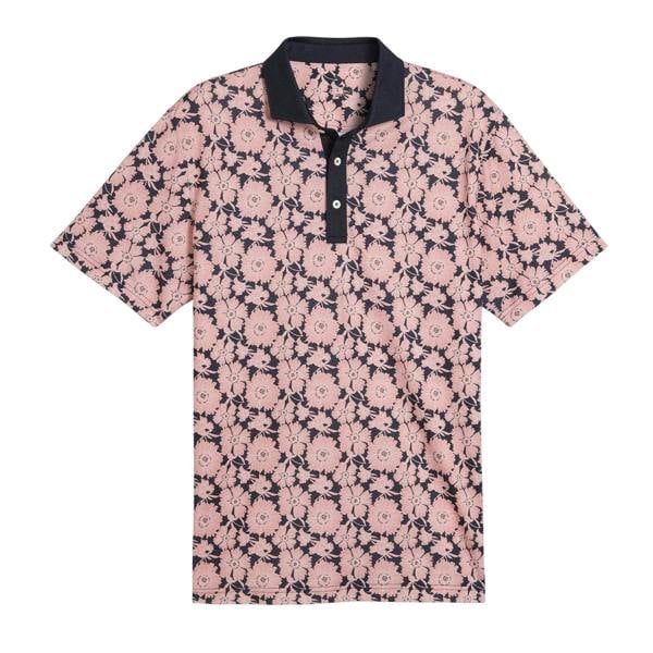 Puma Mens Fields Flower Pique Performance Polo Shirt - Peach/Blue - 