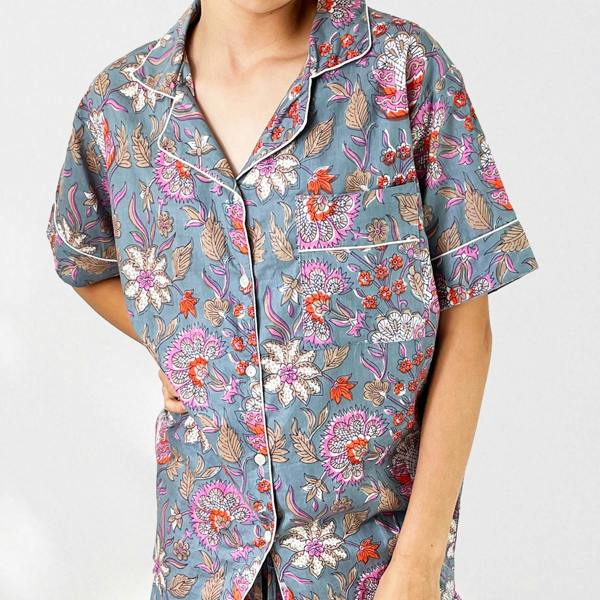 Hayley & Co Floral 100% Cotton Short Pyjama Set in Grey and Pink