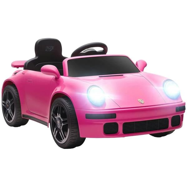 Pink kids electric ride-on car with LED headlights and black wheels