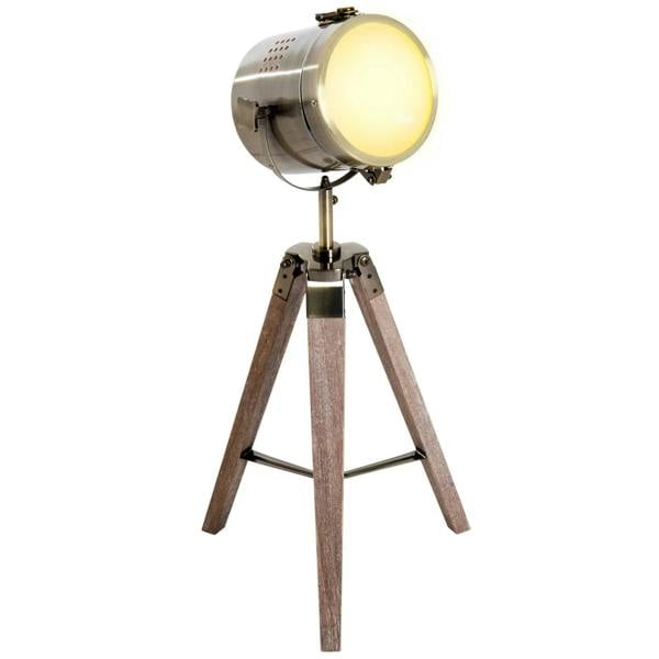 Tripod spotlight desk lamp with brushed metal head and dark wood three-leg base