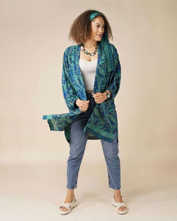 Antonia York Anastasia Silky Paisley Open Batwing Sleeve Jacket - Jade & Blue