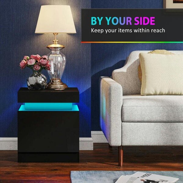 Black Bedside Table with LED Light, High Gloss Front Nightstand with 2 Drawers, for Living Room, Bedroom, Set of 2