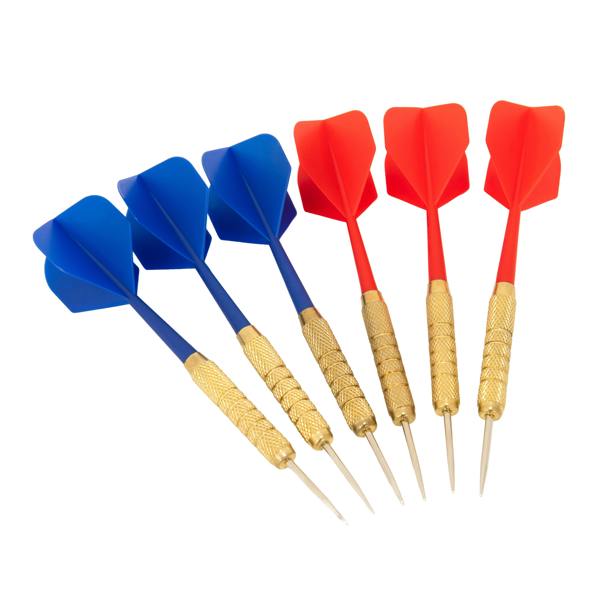 Dart board set featuring six darts with blue and red flights, textured gold barrels, and sharp steel tips for precision play