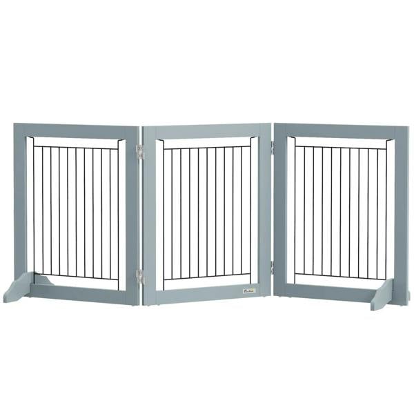 Grey foldable pet gate with three panels, support feet, and vertical bar openings