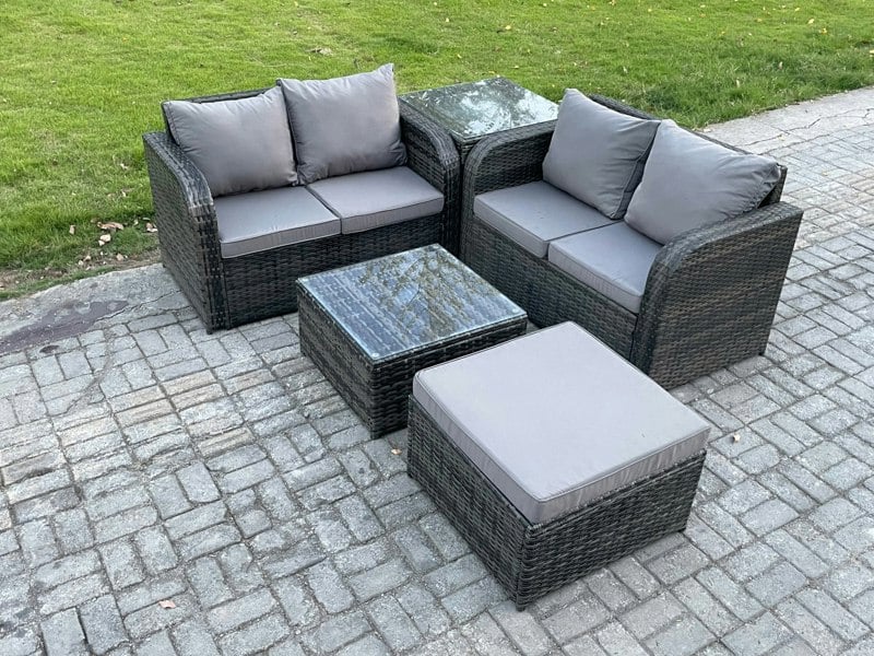 Fimous Rattan Sofa Set Outdoor Garden Furniture Set with Square Coffee Table Loveseat Sofa Big Footstool Side Table Dark Grey Mixed