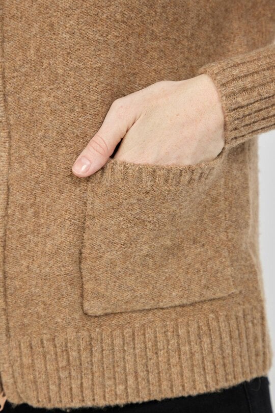 Mudflower Button Tab Collar Zip-Up Knit Cardigan with Pockets