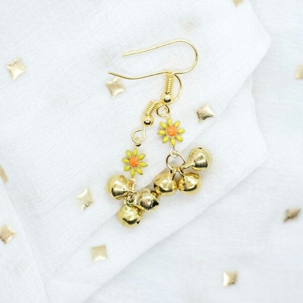 The Colourful Aura Small Sunflower Flora Ghungroo Charm Dainty Boho Hooks Drop Earrings