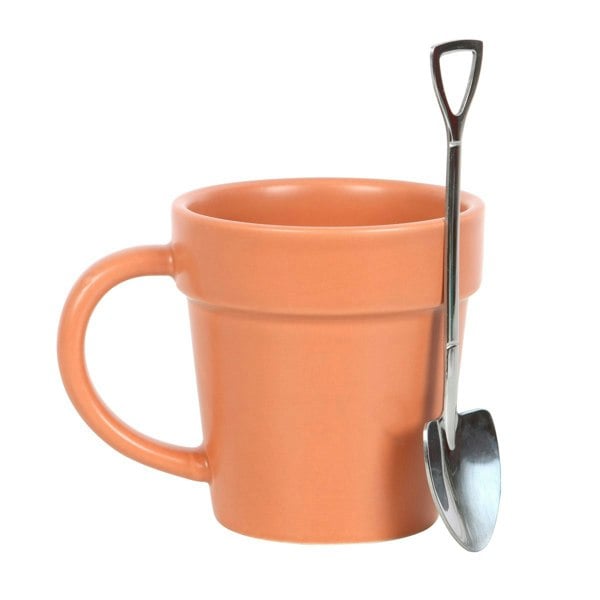 Something Different Plant Pot Ceramic Mug & Spoon Set - Orange/Silver