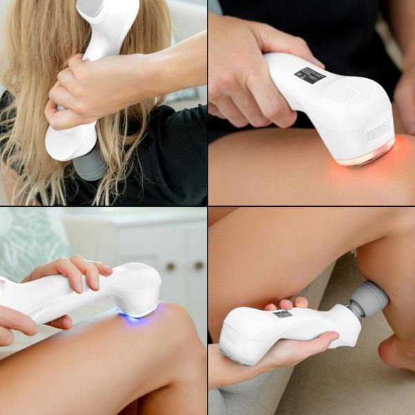 A collage of four images shows a person using the Reviber Hot & Cold Deep Tissue Massager with red and blue light therapy by Reviber on their neck, thigh, and legs in relaxing at-home settings.