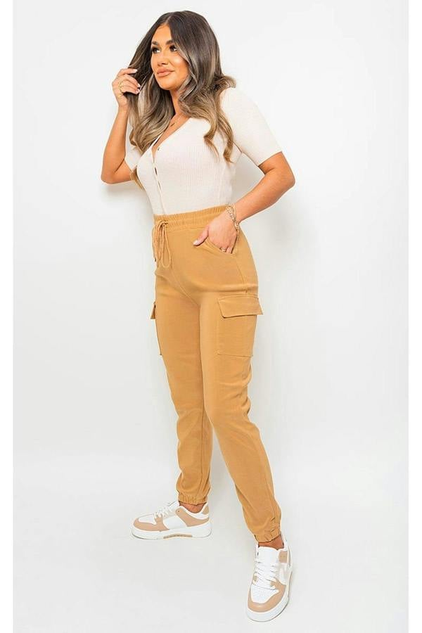 Plus Size Frankie Cargo Pocket Trouser With Drawstring - Camel