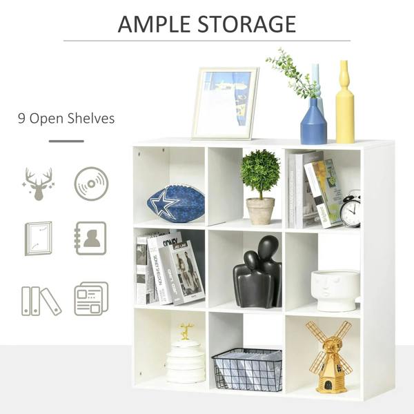 White 9-cube storage unit graphic featuring open cube shelves for organizing items