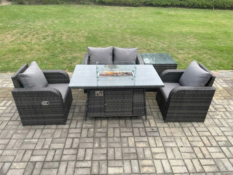 Fimous Rattan Outdoor Garden Furniture Set Gas Fire Pit Dining Table with Side Table Chair Love seat Sofa