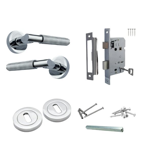 EDH Door Hardware Polished Chrome Knurled Door Handles on Round Rose – Handle Sets - Sash Lock Pack