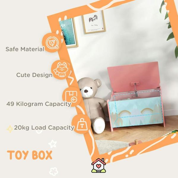 Pink toy box with hinged lid and printed front panel, shown with capacity icons