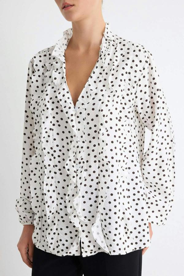 WOVCOR V Neck Long Sleeve Frill Detail Woven Shirt
