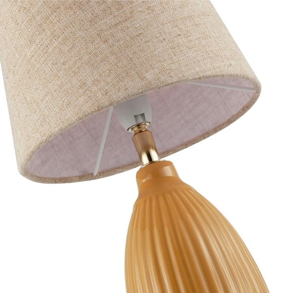 Mustard Etched Lined Ceramic Gloss Table Lamp with Linen Fabric Shade Image 5