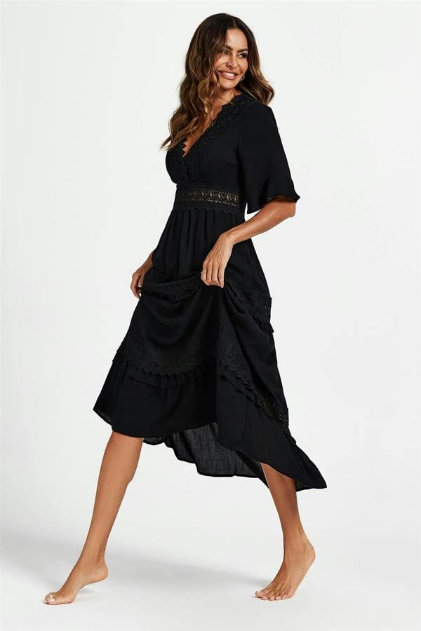 FS Collection V Neck Lace Detail Midi Dress In Black
