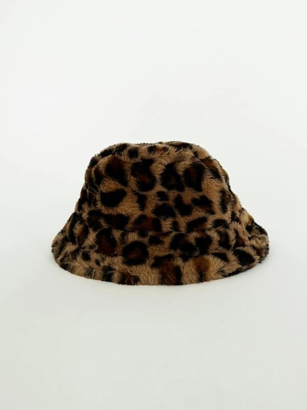 SVNX Leopard Plush Print Bucket Hat & Gloves Set