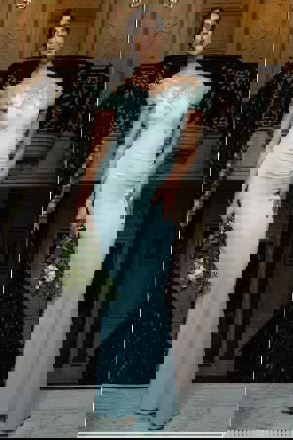 Fan Pleated Bardot Scuba Crepe Maxi Dress - Mint Green DR4070