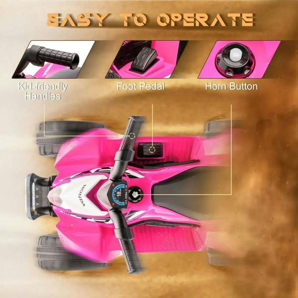 Pink kids Honda electric quad bike controls showing foot pedal, horn button, steering